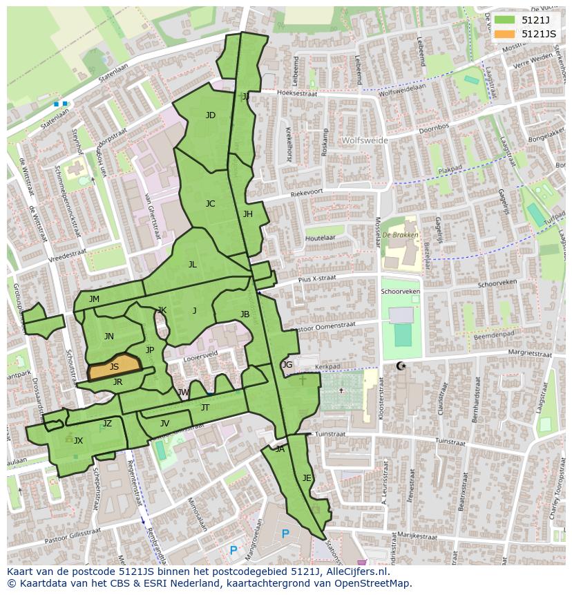 Afbeelding van het postcodegebied 5121 JS op de kaart.