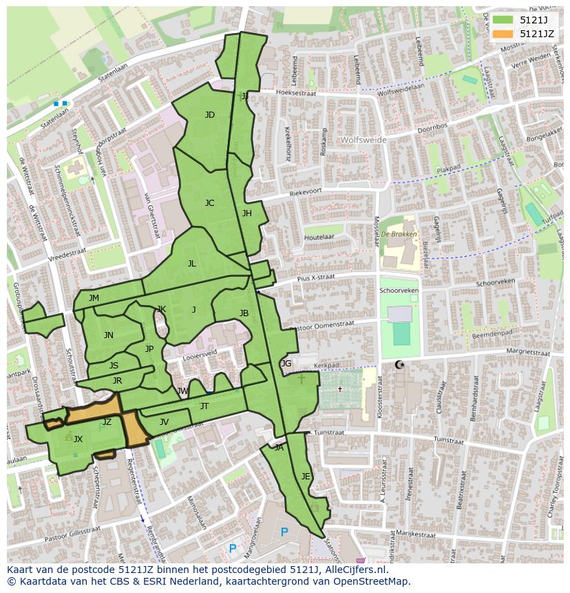 Afbeelding van het postcodegebied 5121 JZ op de kaart.