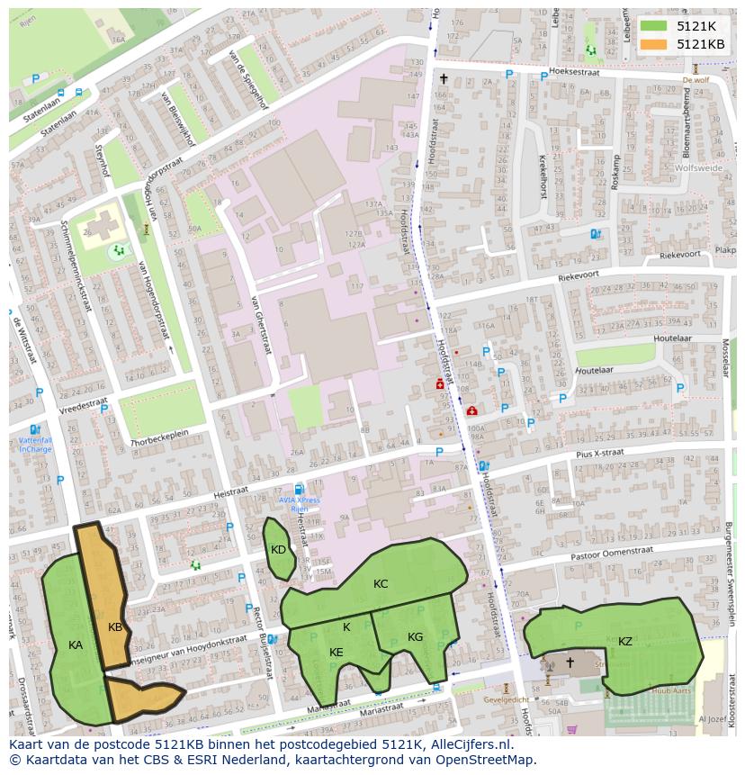 Afbeelding van het postcodegebied 5121 KB op de kaart.