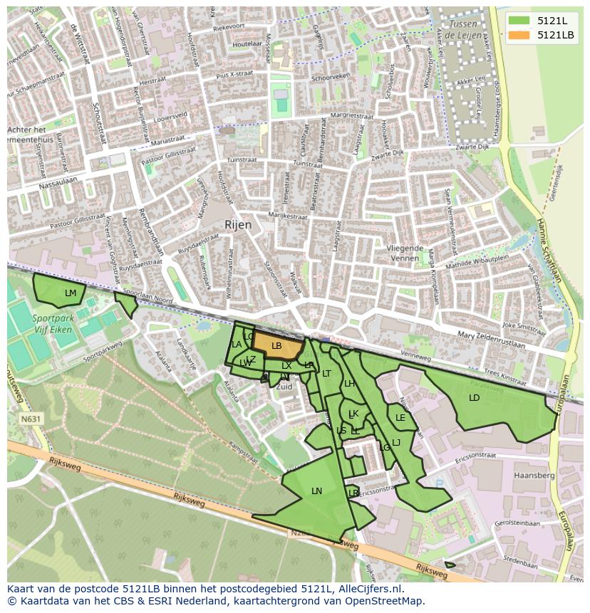 Afbeelding van het postcodegebied 5121 LB op de kaart.