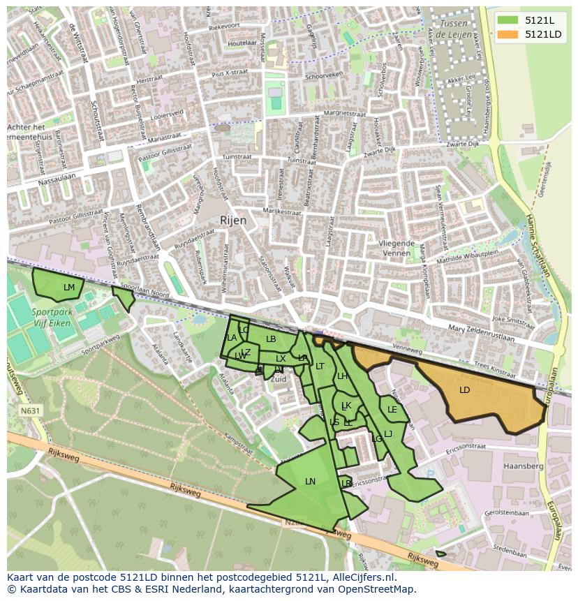 Afbeelding van het postcodegebied 5121 LD op de kaart.