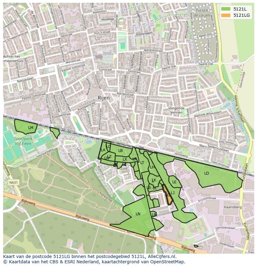 Afbeelding van het postcodegebied 5121 LG op de kaart.