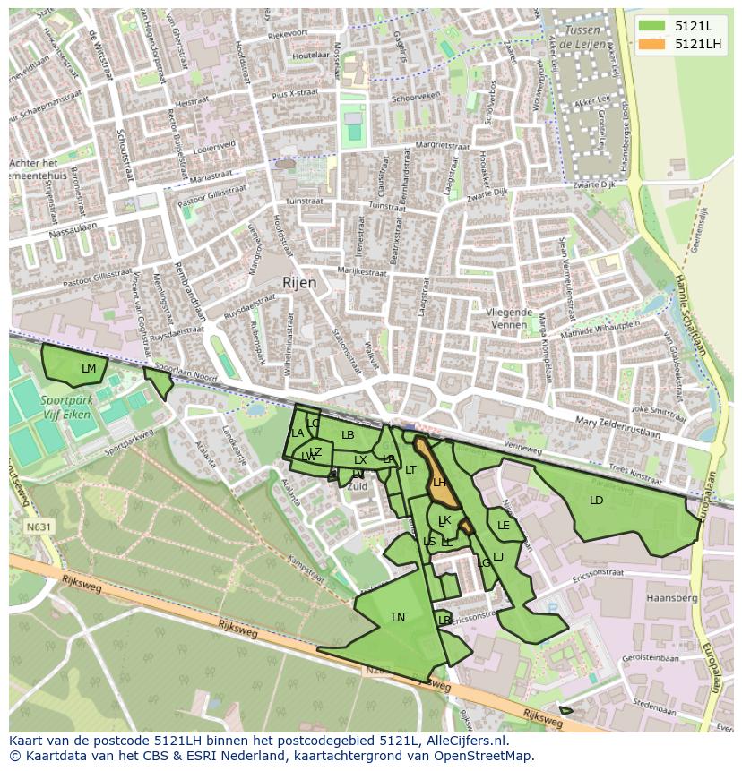 Afbeelding van het postcodegebied 5121 LH op de kaart.