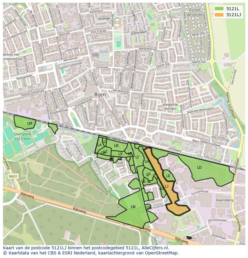 Afbeelding van het postcodegebied 5121 LJ op de kaart.