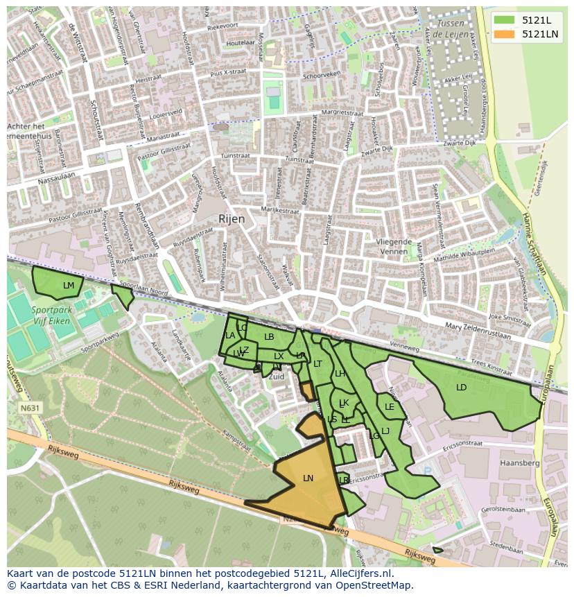 Afbeelding van het postcodegebied 5121 LN op de kaart.