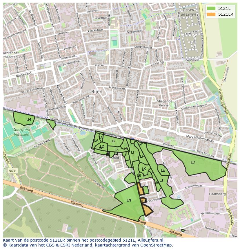 Afbeelding van het postcodegebied 5121 LR op de kaart.
