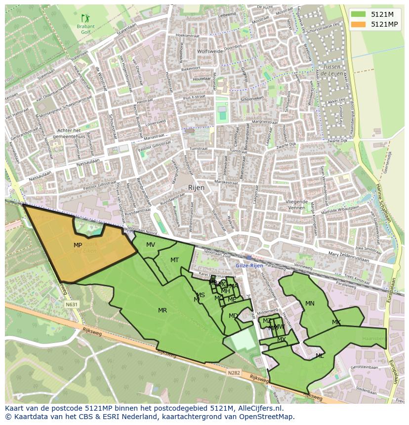 Afbeelding van het postcodegebied 5121 MP op de kaart.