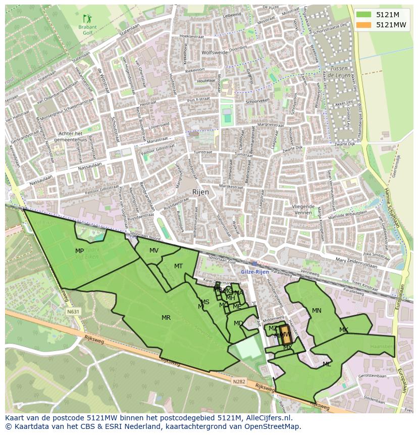 Afbeelding van het postcodegebied 5121 MW op de kaart.