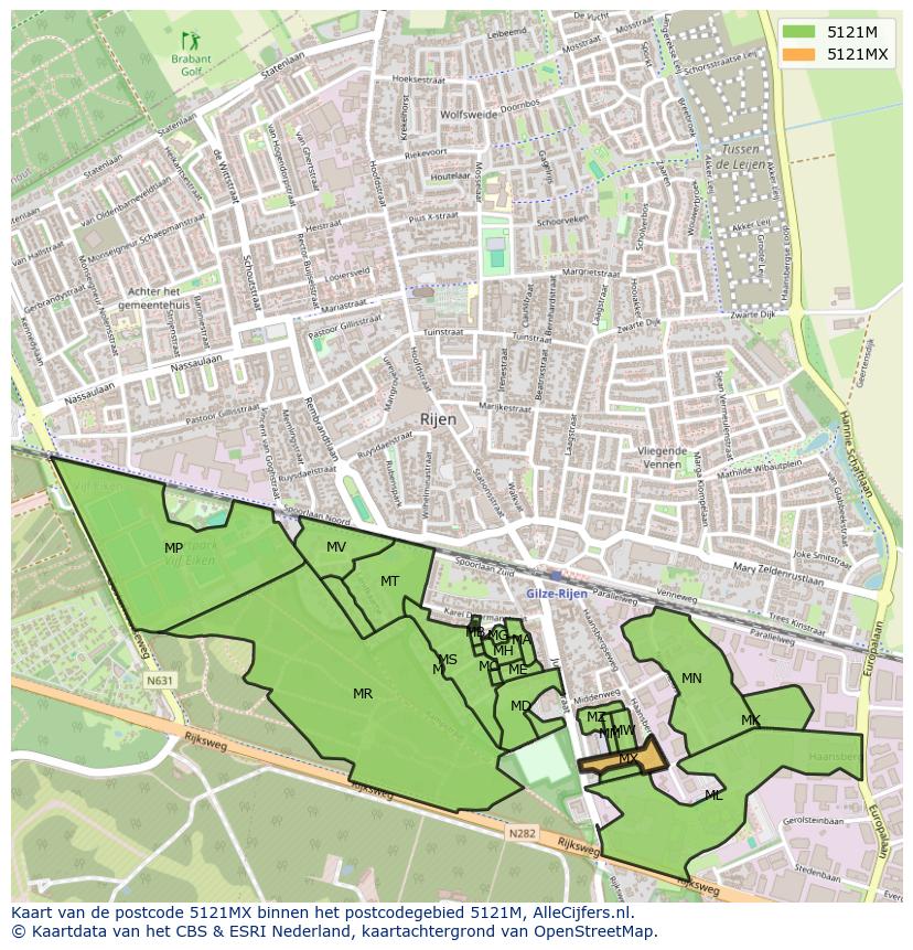 Afbeelding van het postcodegebied 5121 MX op de kaart.