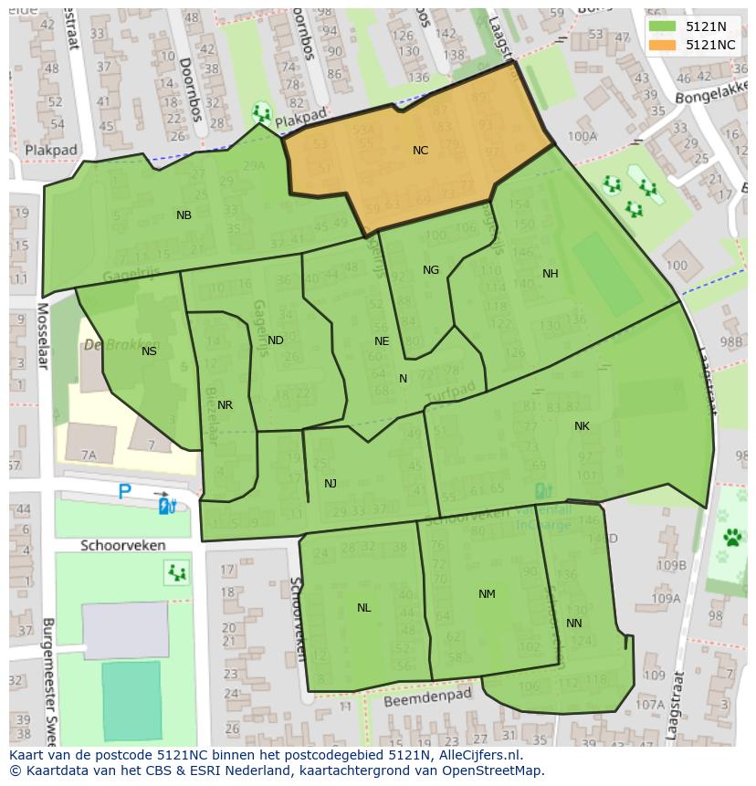 Afbeelding van het postcodegebied 5121 NC op de kaart.