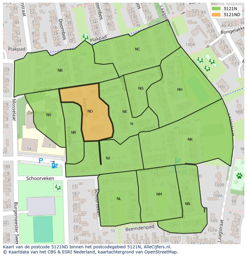 Afbeelding van het postcodegebied 5121 ND op de kaart.