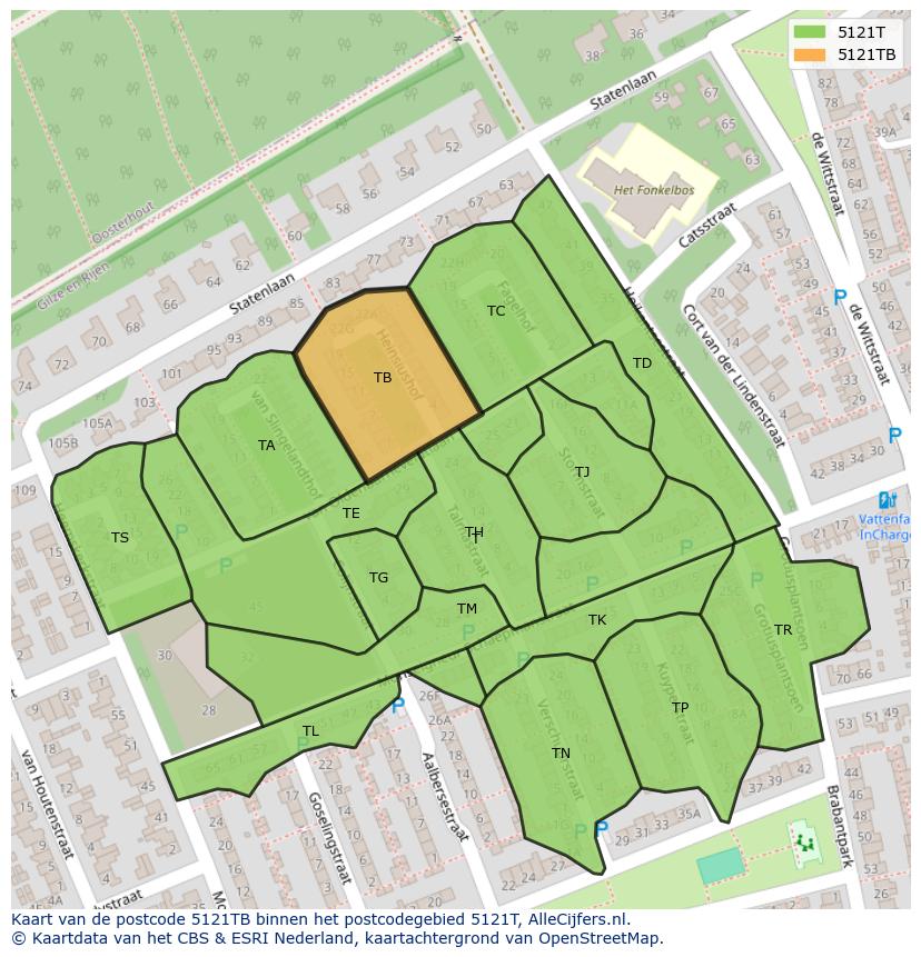 Afbeelding van het postcodegebied 5121 TB op de kaart.
