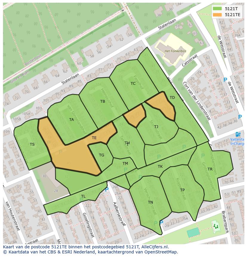 Afbeelding van het postcodegebied 5121 TE op de kaart.