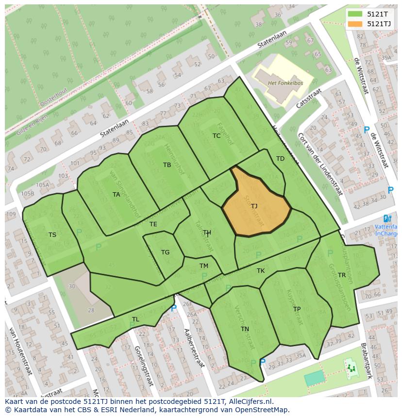 Afbeelding van het postcodegebied 5121 TJ op de kaart.