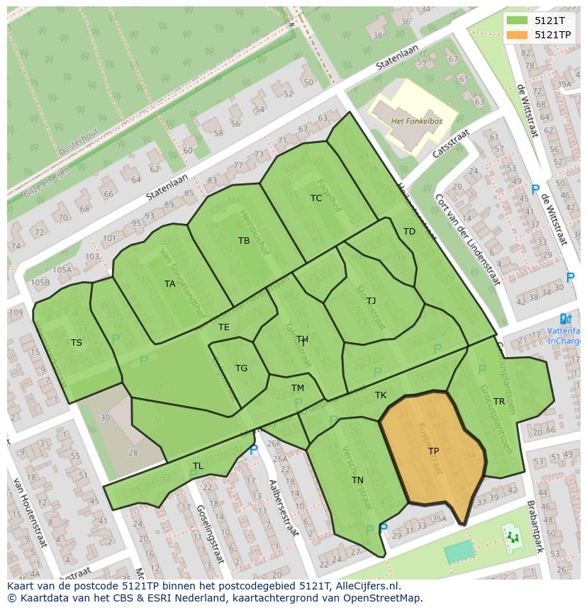 Afbeelding van het postcodegebied 5121 TP op de kaart.