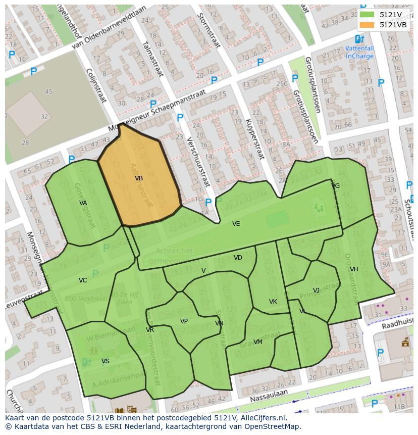 Afbeelding van het postcodegebied 5121 VB op de kaart.
