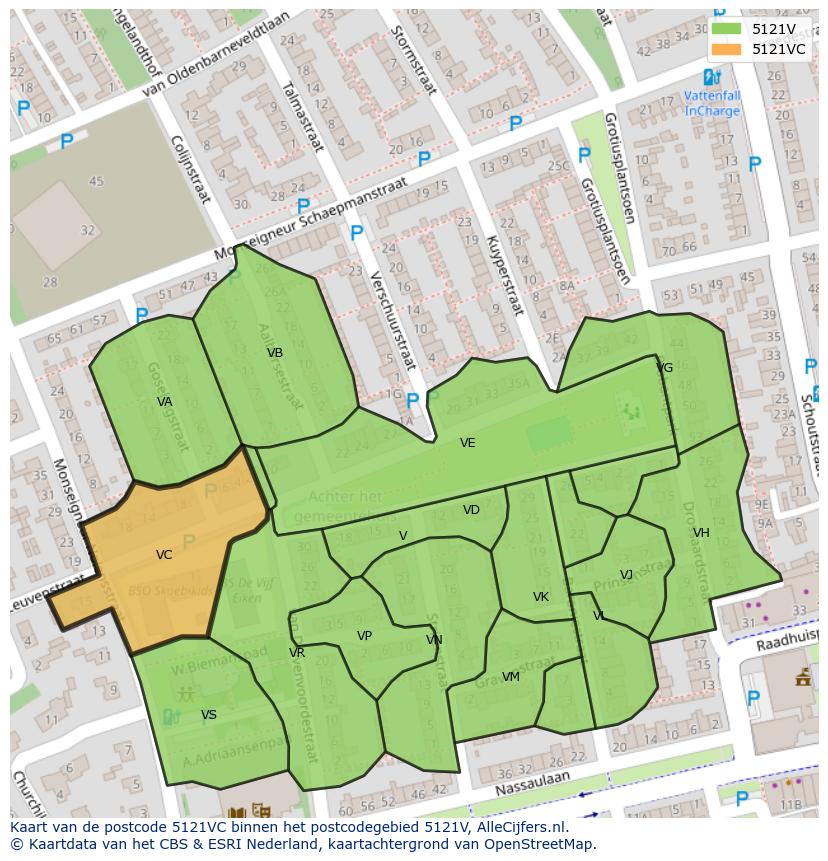 Afbeelding van het postcodegebied 5121 VC op de kaart.