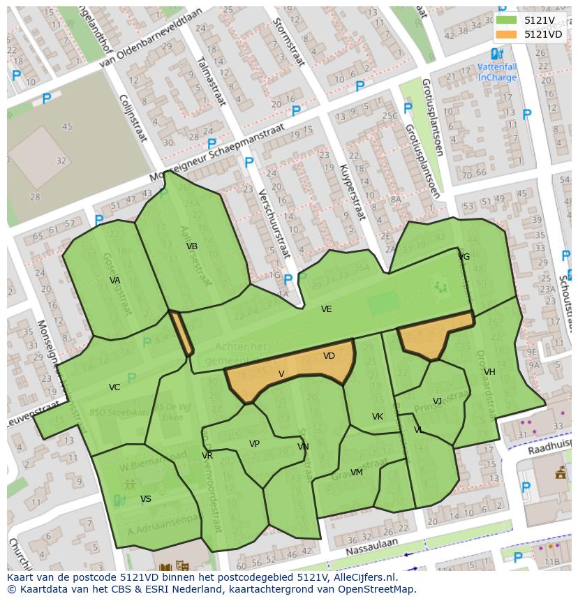 Afbeelding van het postcodegebied 5121 VD op de kaart.
