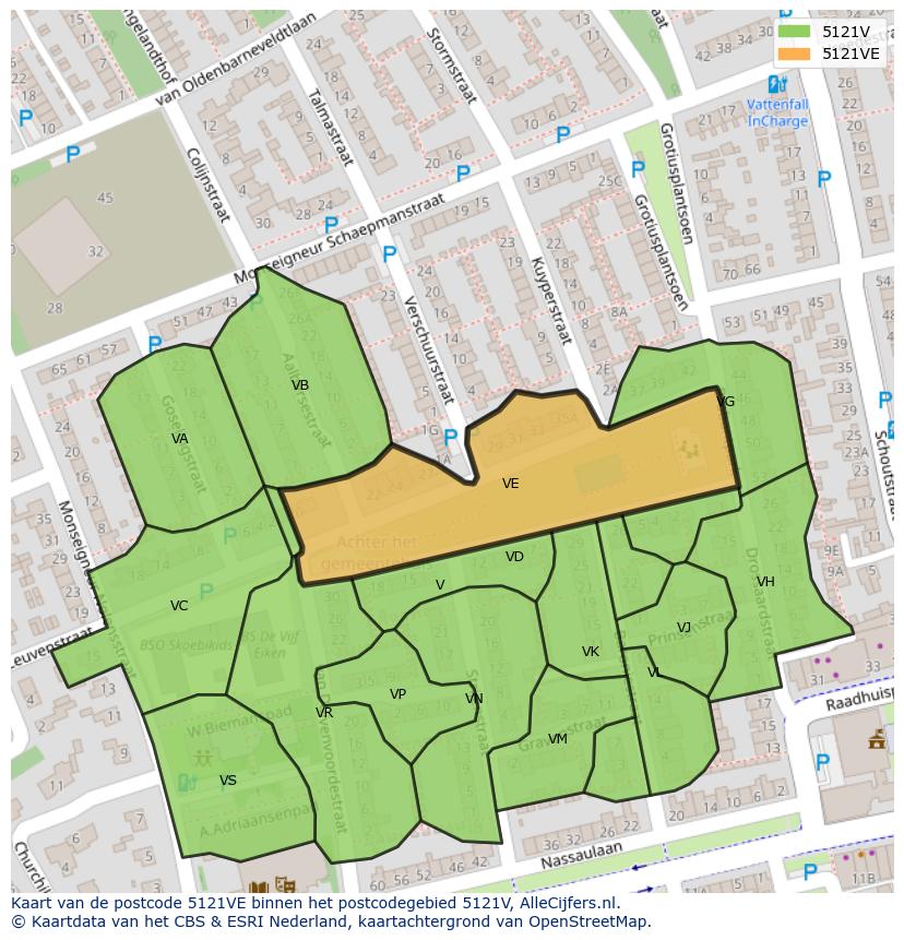 Afbeelding van het postcodegebied 5121 VE op de kaart.