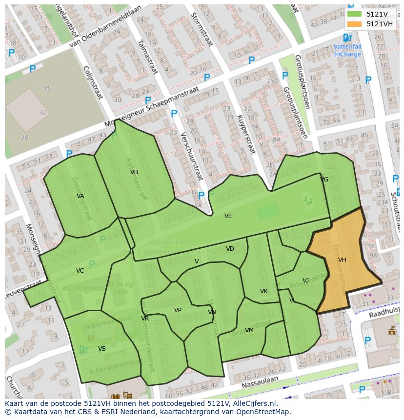 Afbeelding van het postcodegebied 5121 VH op de kaart.