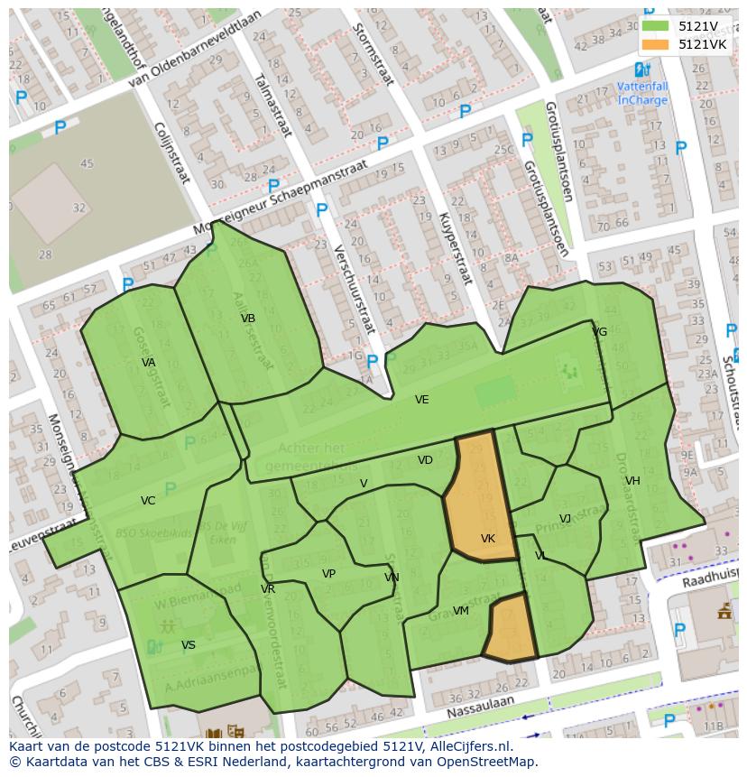 Afbeelding van het postcodegebied 5121 VK op de kaart.