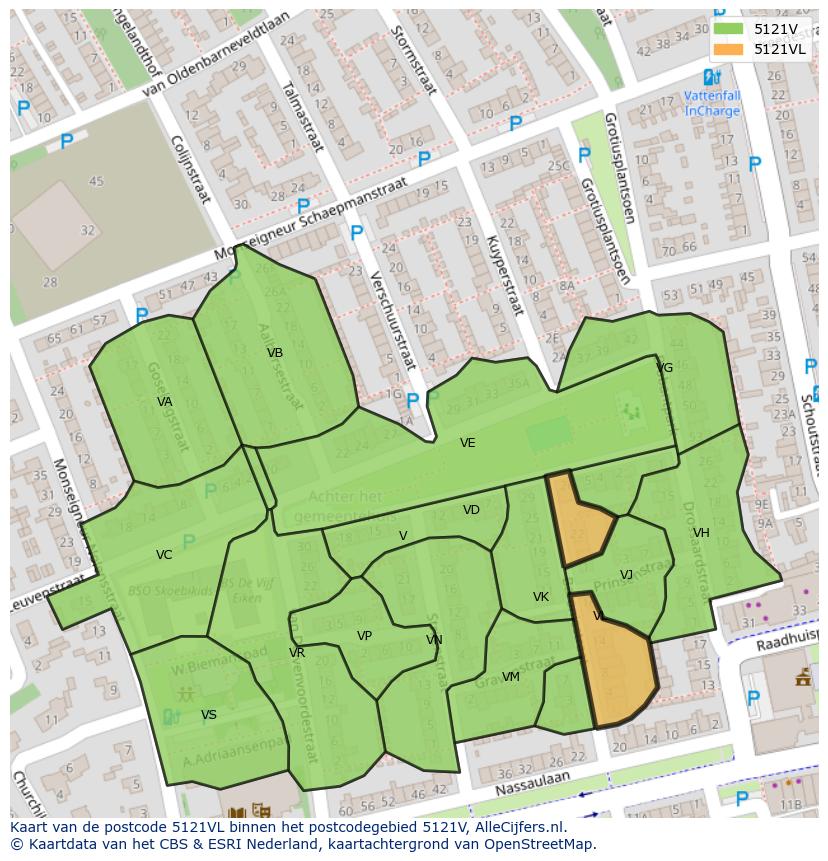 Afbeelding van het postcodegebied 5121 VL op de kaart.