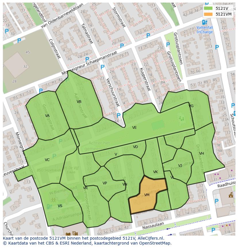 Afbeelding van het postcodegebied 5121 VM op de kaart.