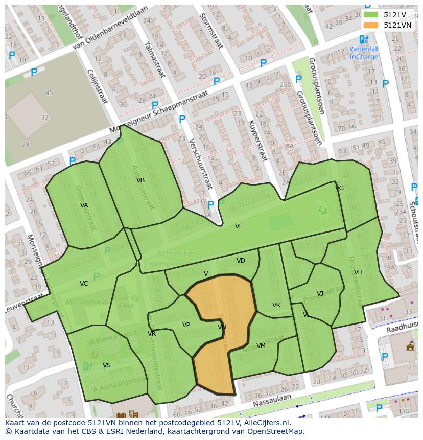 Afbeelding van het postcodegebied 5121 VN op de kaart.