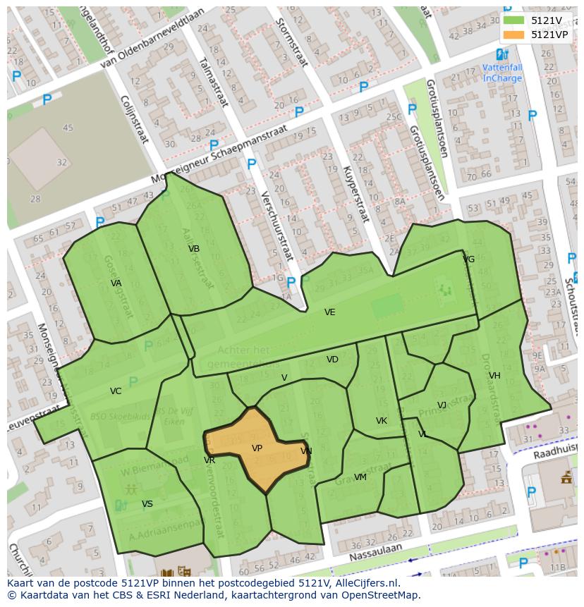 Afbeelding van het postcodegebied 5121 VP op de kaart.