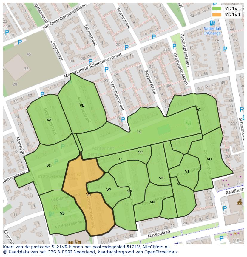 Afbeelding van het postcodegebied 5121 VR op de kaart.