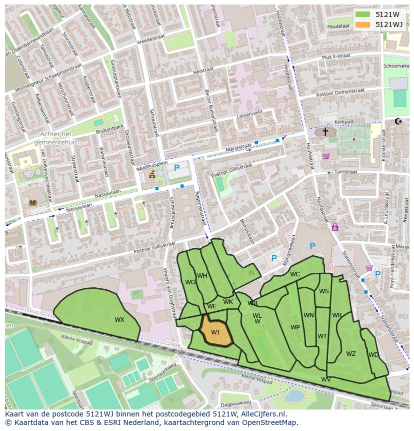 Afbeelding van het postcodegebied 5121 WJ op de kaart.