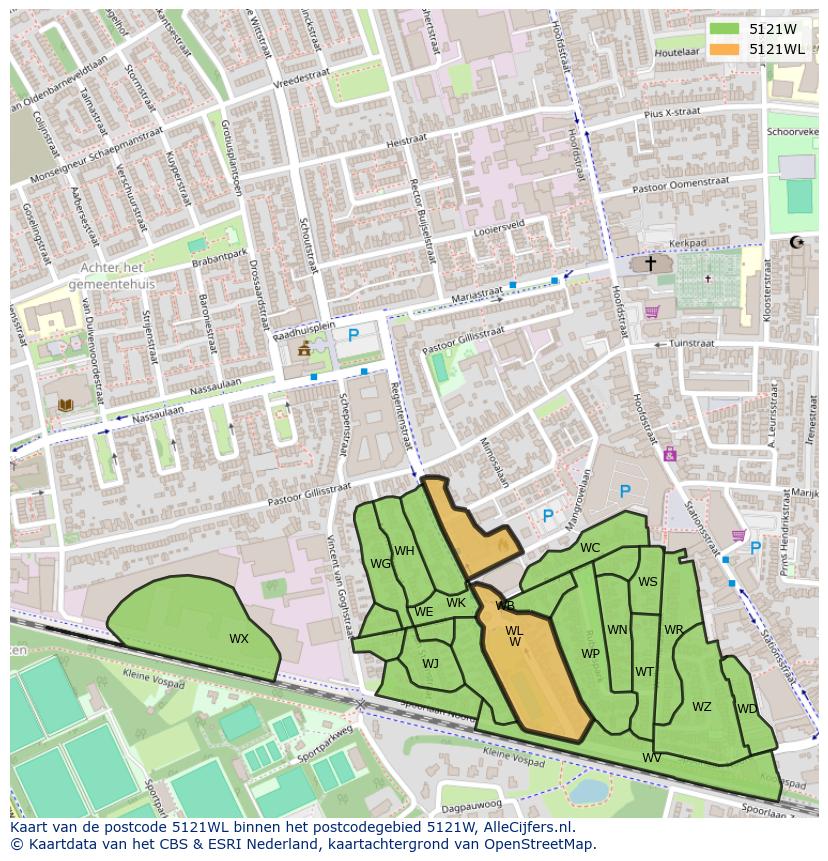Afbeelding van het postcodegebied 5121 WL op de kaart.