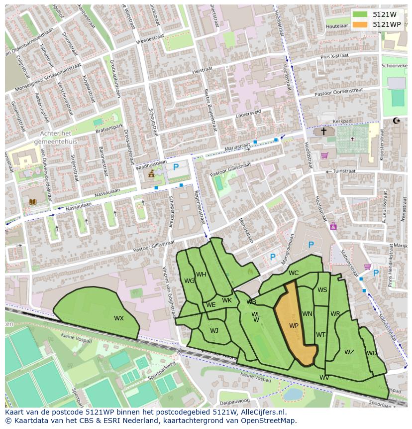 Afbeelding van het postcodegebied 5121 WP op de kaart.