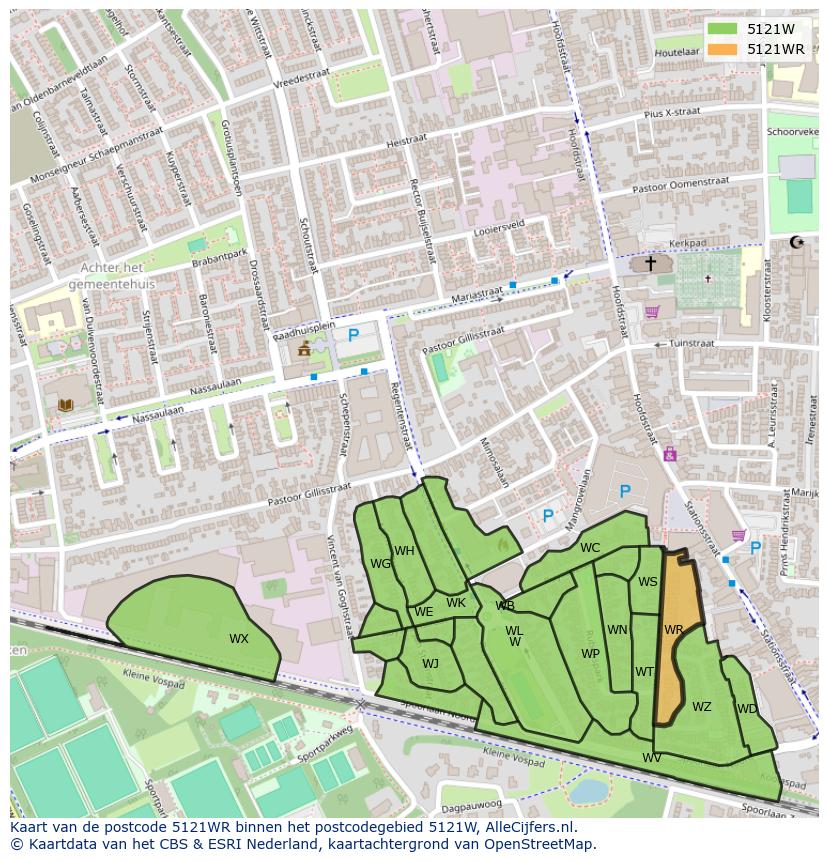Afbeelding van het postcodegebied 5121 WR op de kaart.