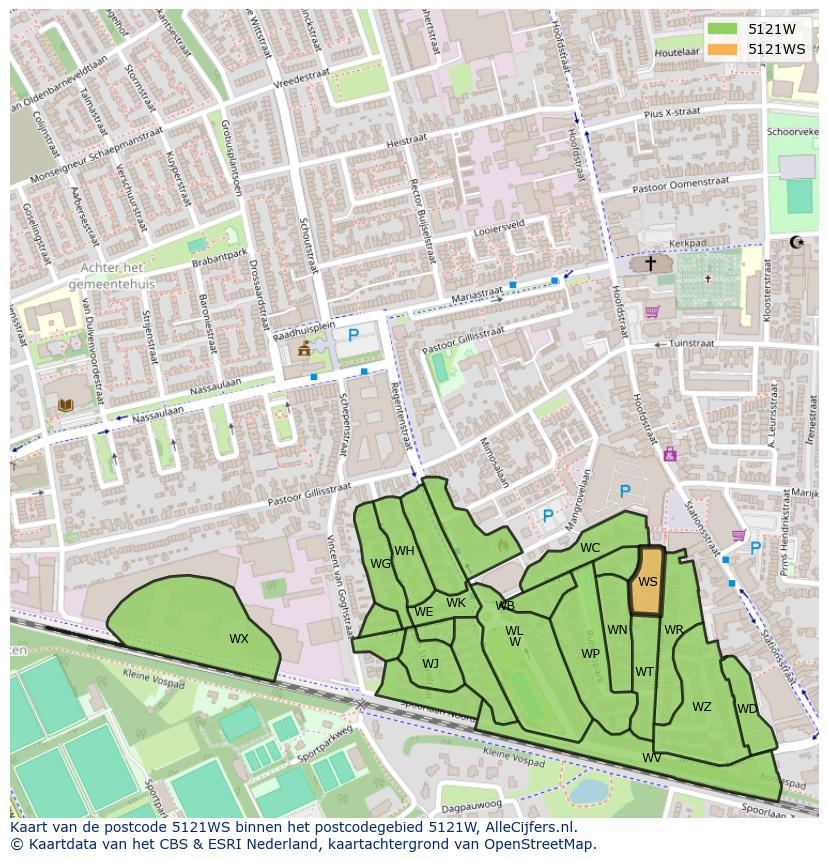Afbeelding van het postcodegebied 5121 WS op de kaart.