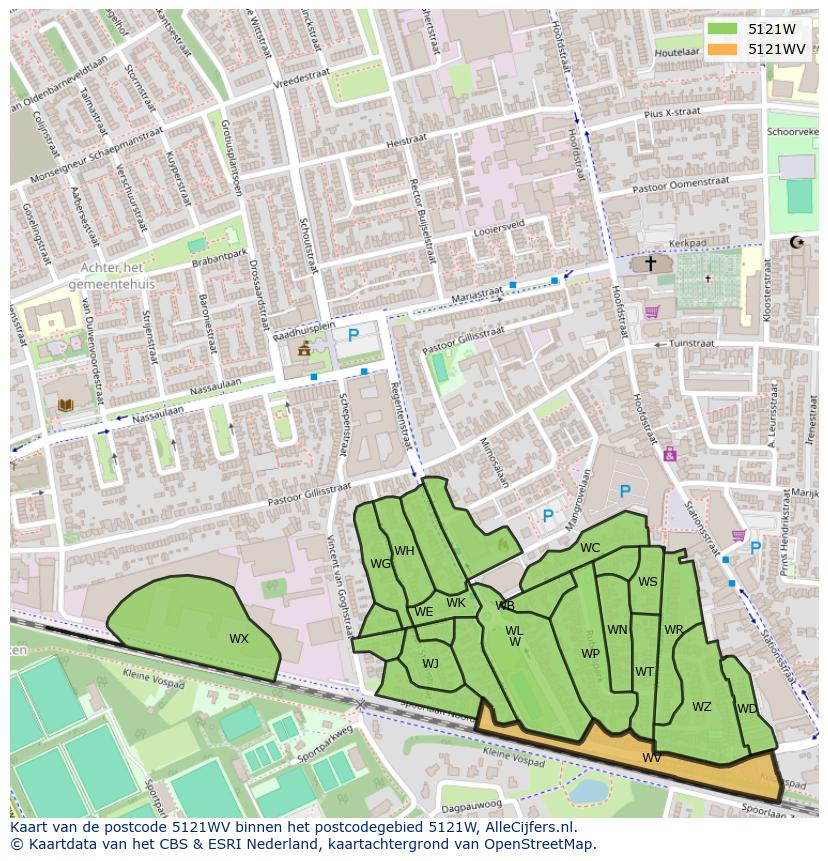 Afbeelding van het postcodegebied 5121 WV op de kaart.