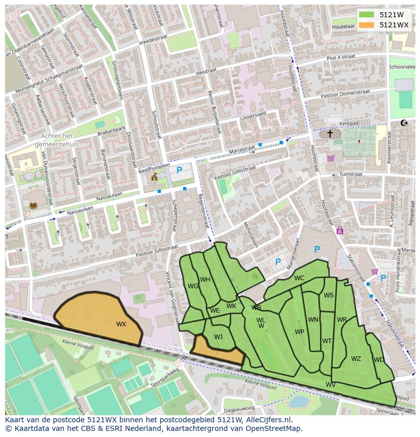 Afbeelding van het postcodegebied 5121 WX op de kaart.