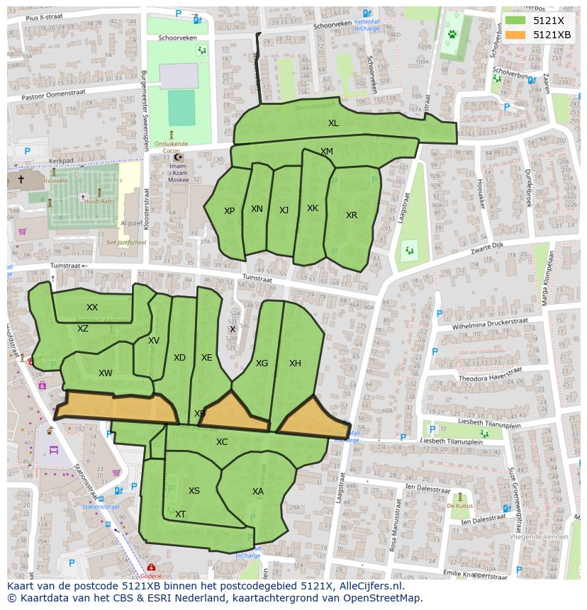 Afbeelding van het postcodegebied 5121 XB op de kaart.