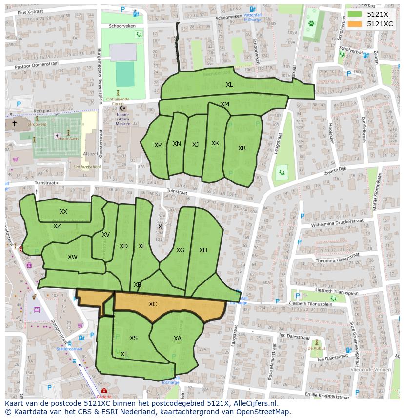 Afbeelding van het postcodegebied 5121 XC op de kaart.