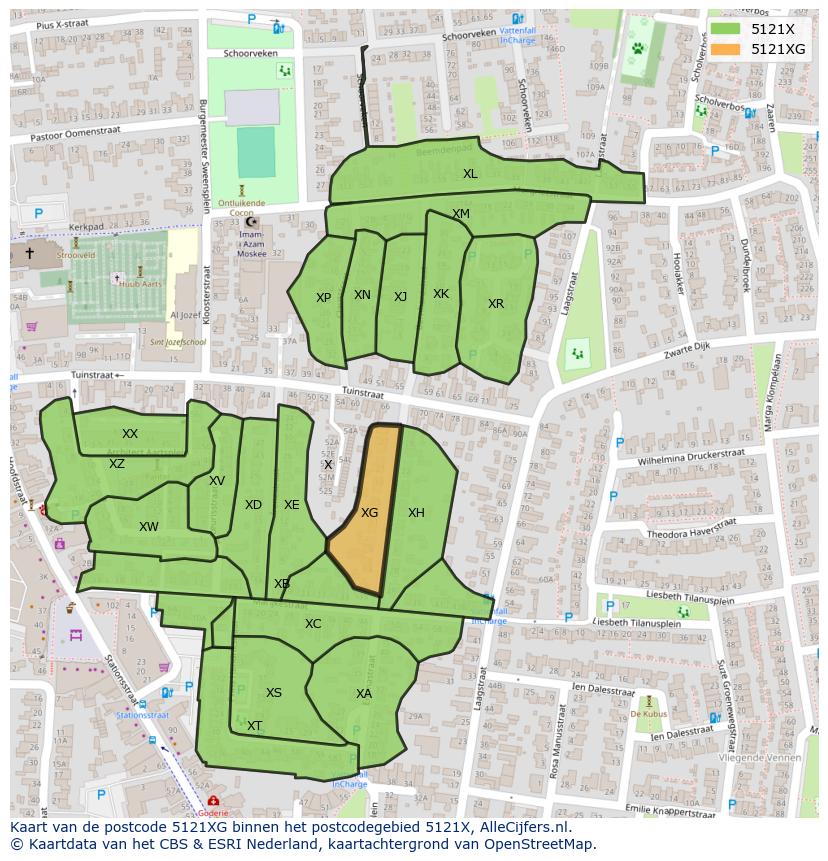 Afbeelding van het postcodegebied 5121 XG op de kaart.