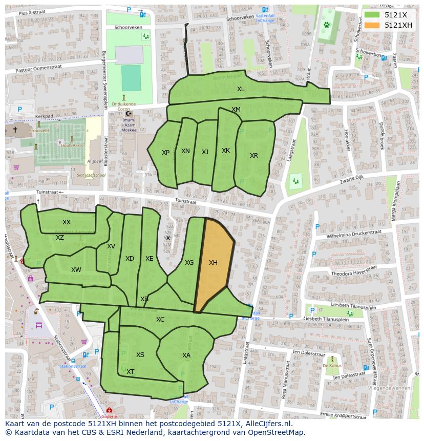 Afbeelding van het postcodegebied 5121 XH op de kaart.