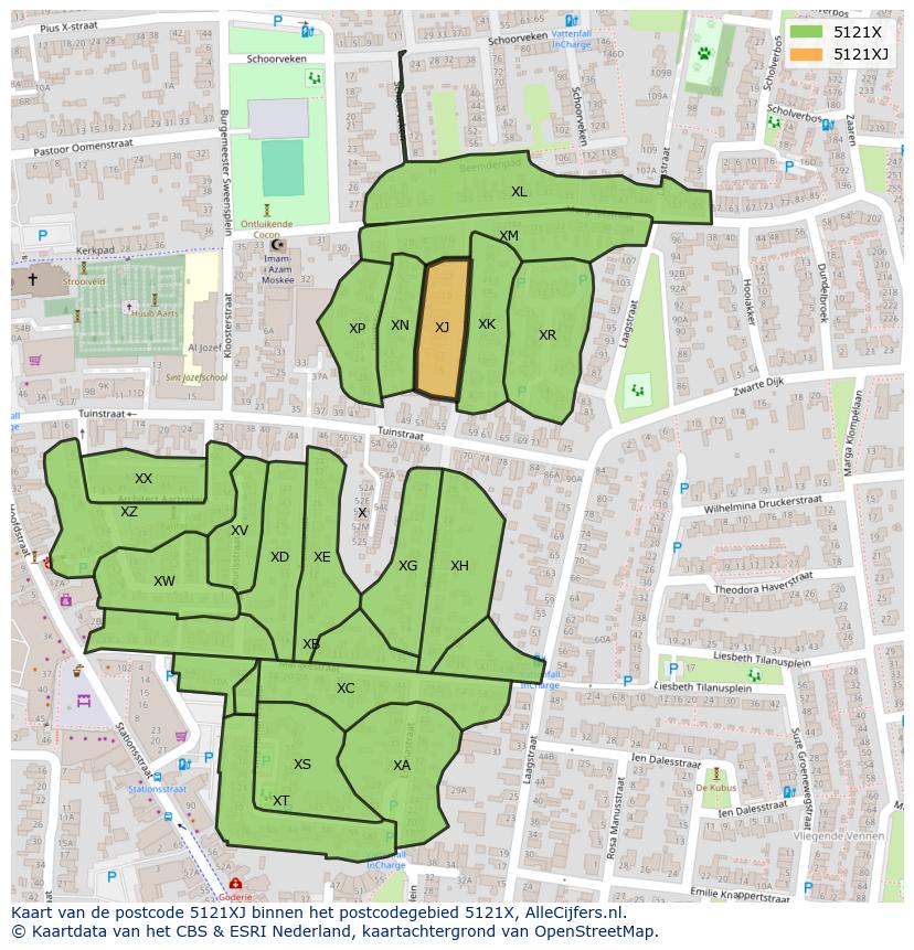 Afbeelding van het postcodegebied 5121 XJ op de kaart.
