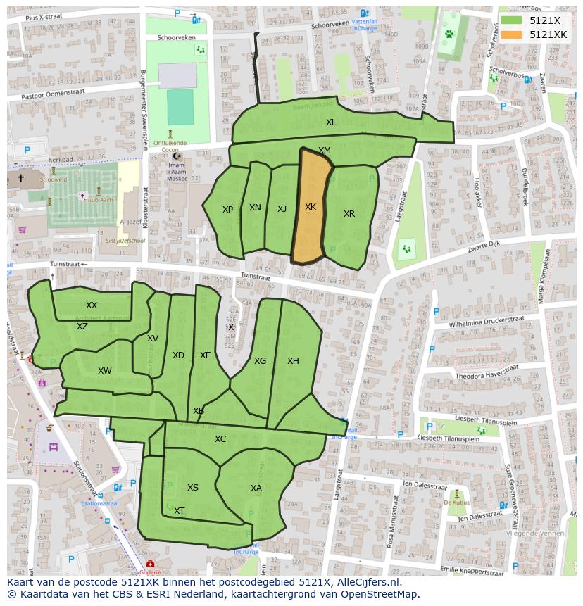 Afbeelding van het postcodegebied 5121 XK op de kaart.