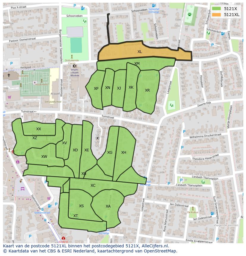 Afbeelding van het postcodegebied 5121 XL op de kaart.