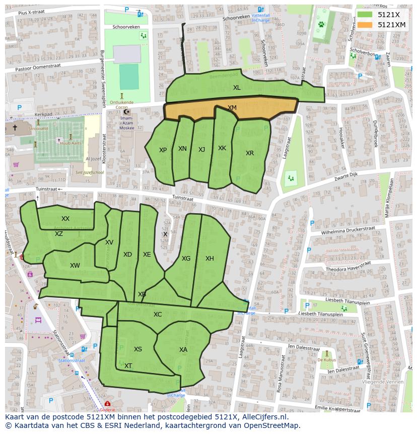 Afbeelding van het postcodegebied 5121 XM op de kaart.