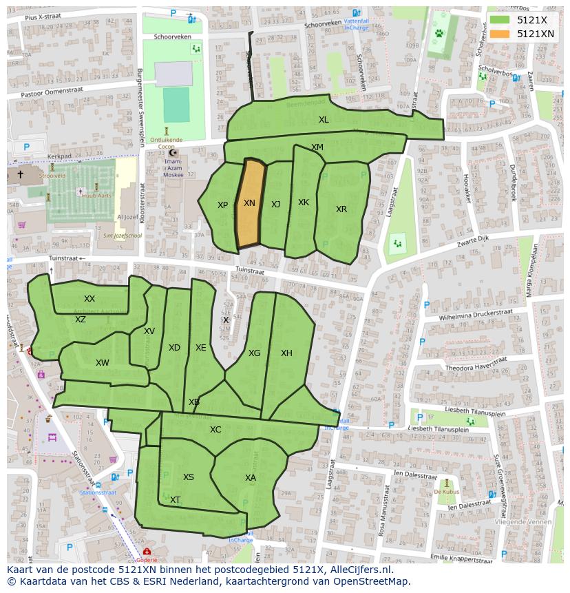 Afbeelding van het postcodegebied 5121 XN op de kaart.