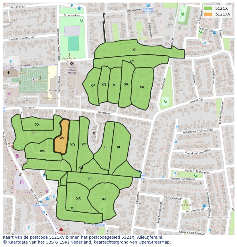 Afbeelding van het postcodegebied 5121 XV op de kaart.