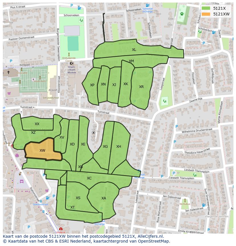 Afbeelding van het postcodegebied 5121 XW op de kaart.