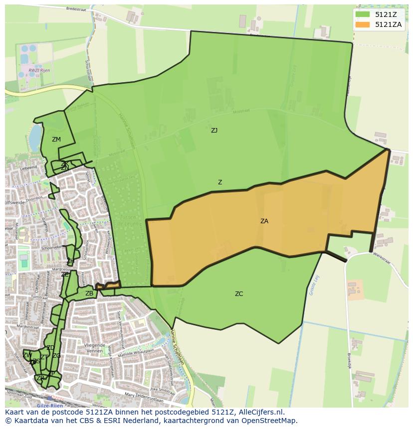Afbeelding van het postcodegebied 5121 ZA op de kaart.