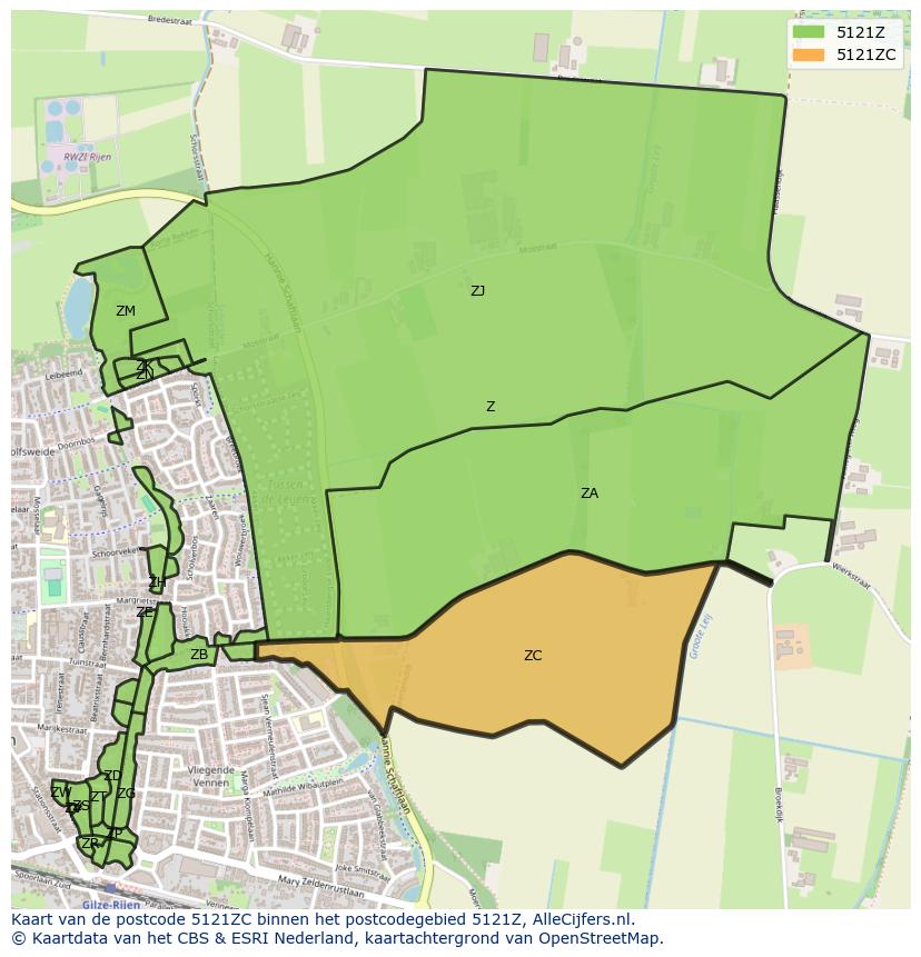 Afbeelding van het postcodegebied 5121 ZC op de kaart.